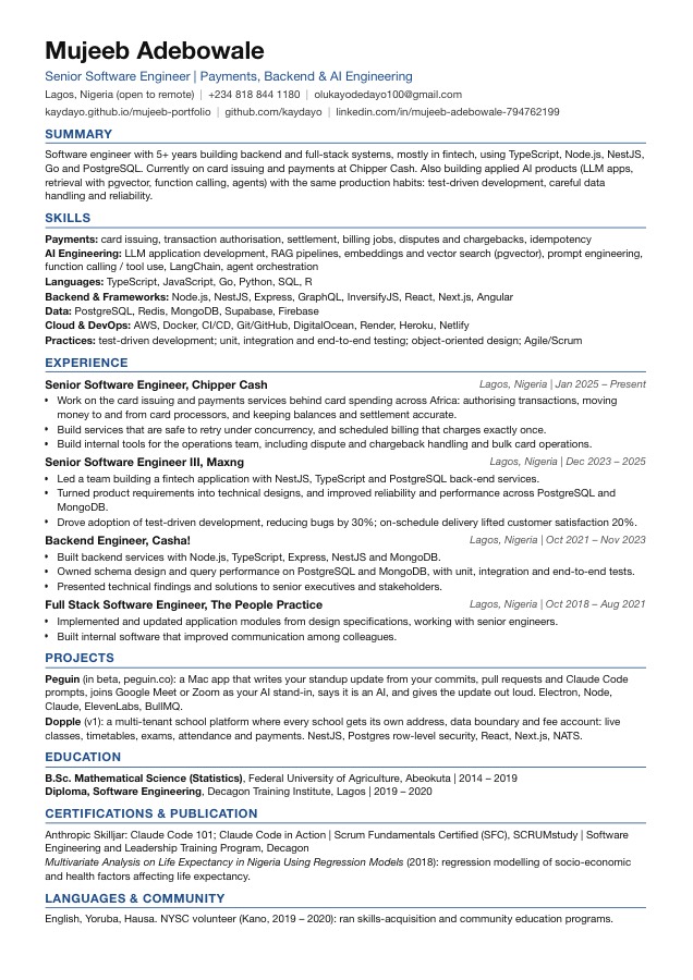 Preview of Mujeeb Adebowale's one-page résumé
